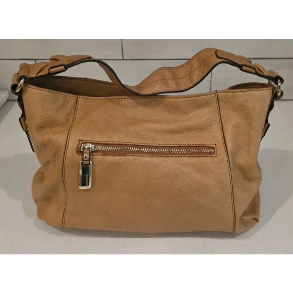 B. Makowsky Camel Genuine Leather Slouchy Hobo Shoulder Bag Multi-Pocket